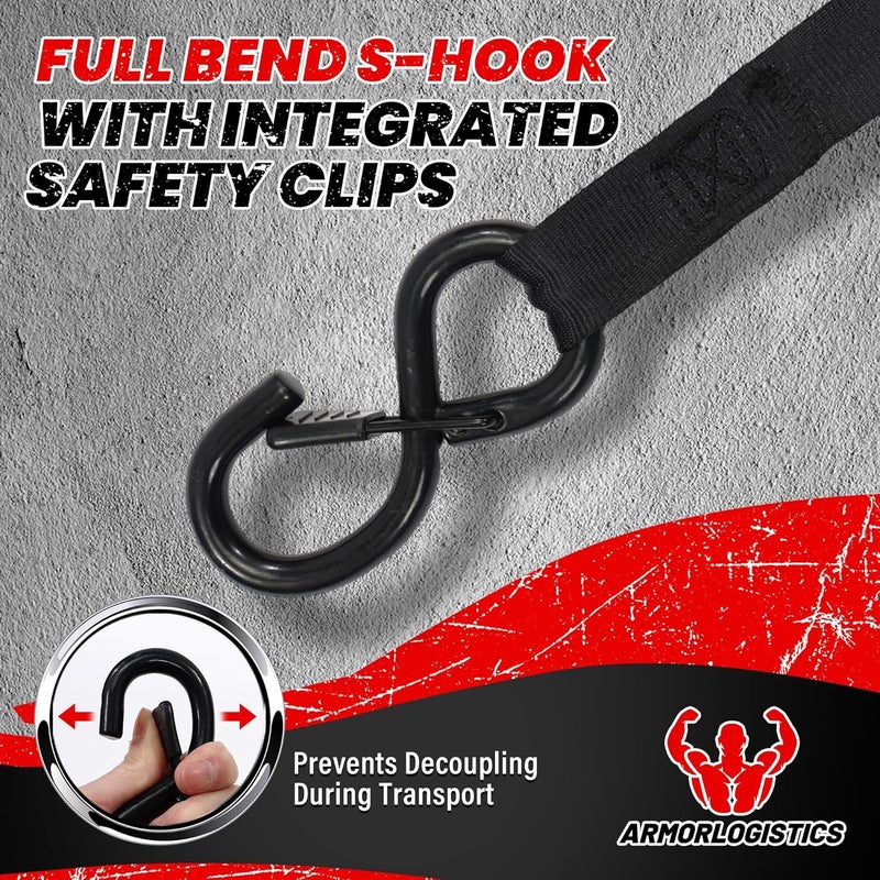 ARMORLOGISTICS Retractable Ratchet Straps 4 Pack, 1500LBS Break Strength Self Retracting Tie Down Straps, 1" x 12' Auto Ratchet Straps for Motorcycle, Kayak and Trucks, Black - Image 4